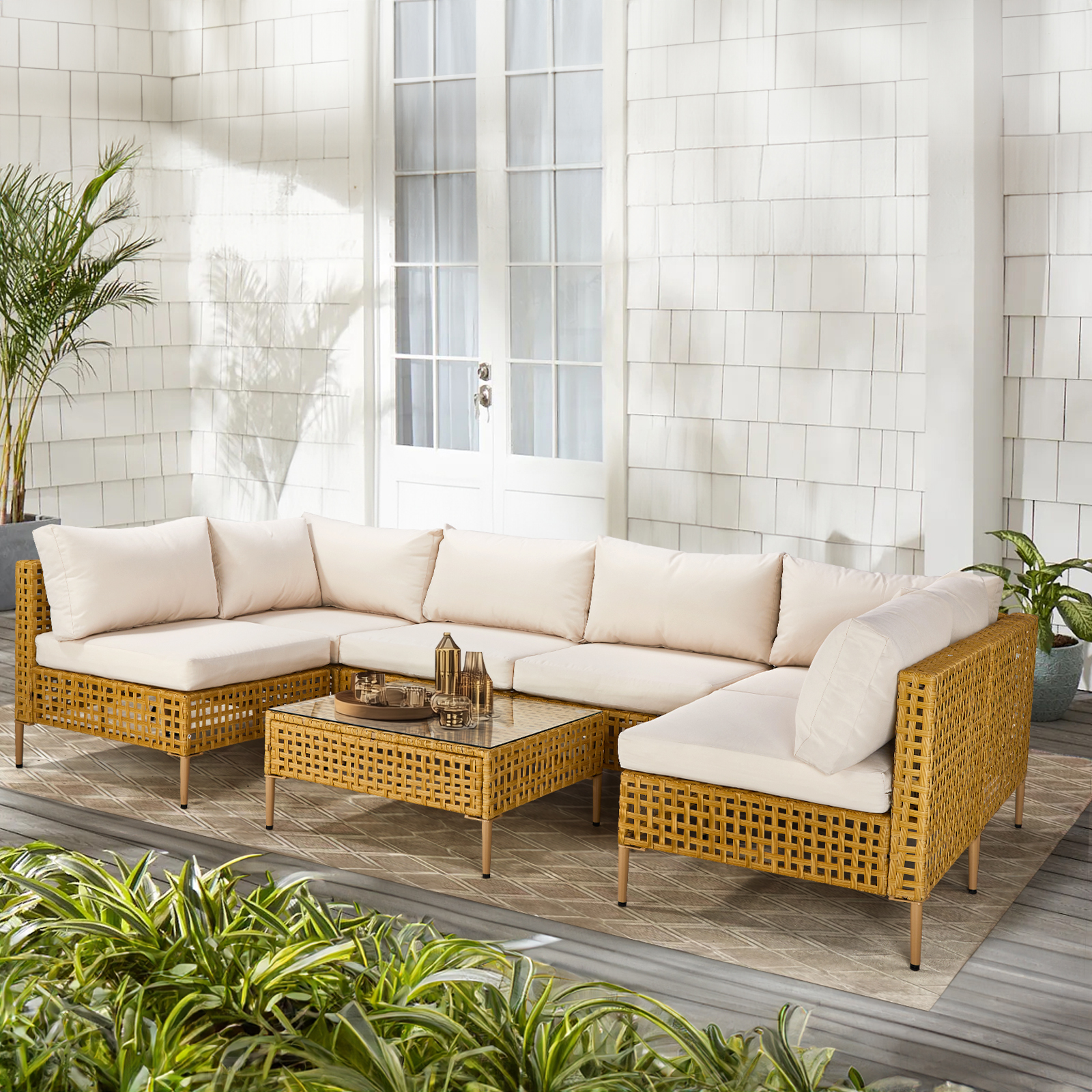 Ktaxon 7PC Wicker Patio Furniture Set Outdoor Sectional Sofa with Water Resistant Cushions, Glass Coffee Table, Boho Conversation Set Beige