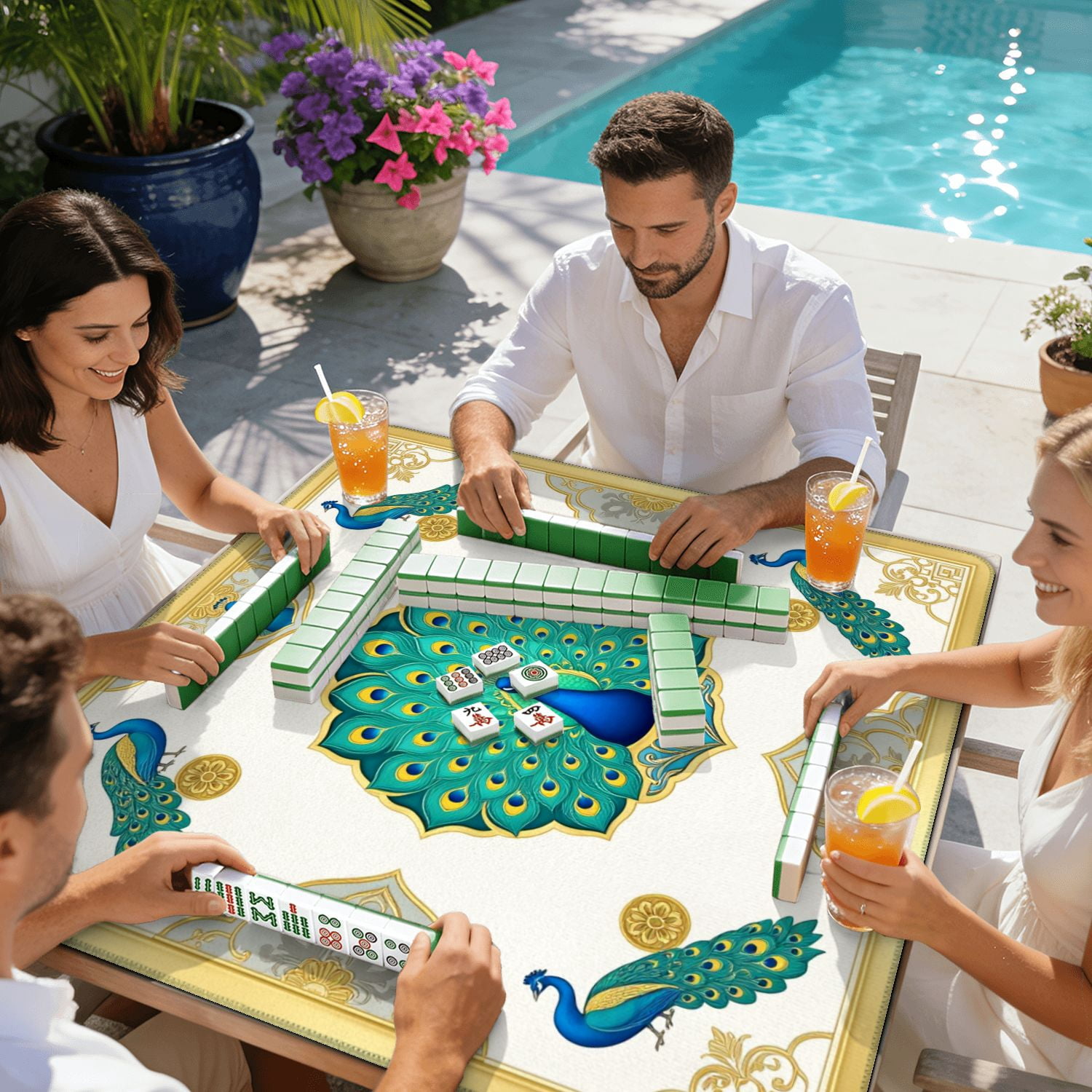 Mahjong Mat 31.5" x 31.5" Peacock Vibrant Blue Green Feathers Elegant Floral Non-Slip Noise Reduction American Mahjong Tiles Table Cover for Dominoes Poker Card Board Games Gift