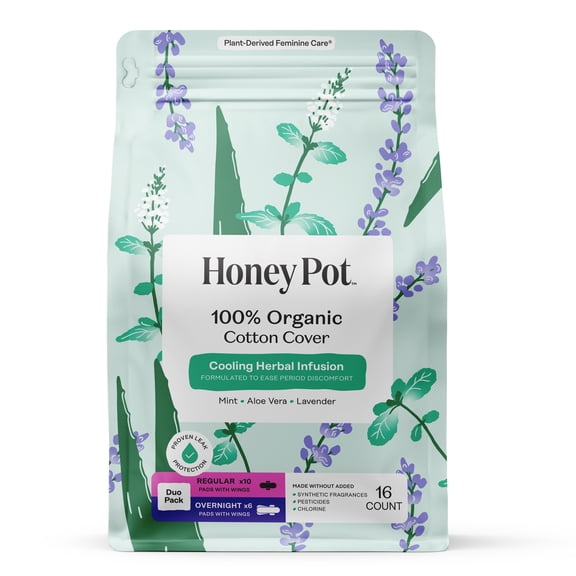 Honey Pot 100% Organic Cotton Cover Cooling Regular Overnight Duo Pads, 16 Count