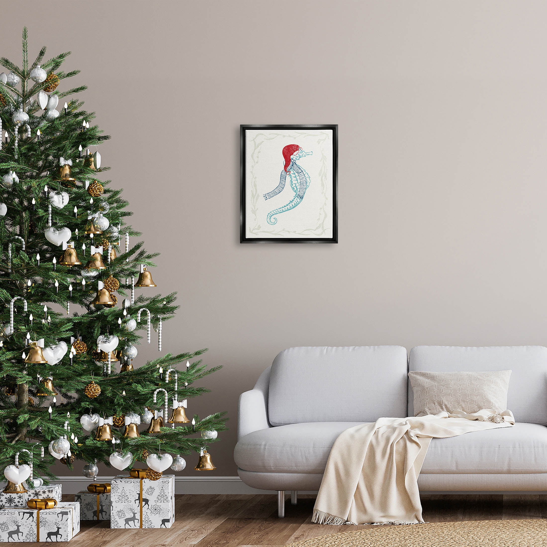 Coastal Christmas Seahorse Santa Holiday Graphic Art Jet Black Framed Art Print Wall Art