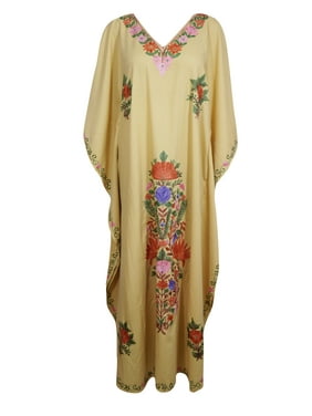 Mogul Women Floral Maxi Dress Kaftan Embellished Cotton Embroidered Lounger Resort Wear Caftan Housedress 4XL