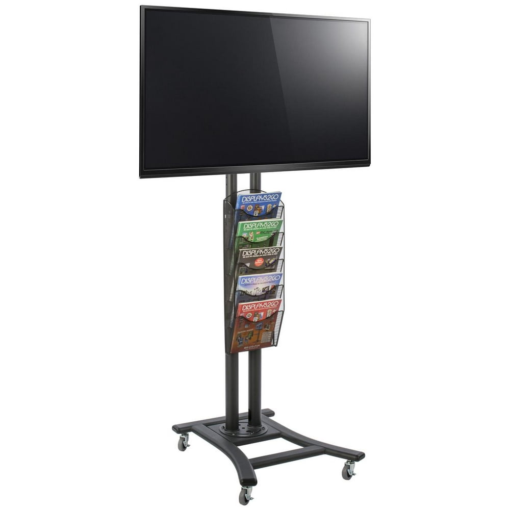 Rolling TV Stand Holds HDTV 32" to 65", 5 Pocket Mesh Literature Rack (Black Steel) (TV1MS5SBK
