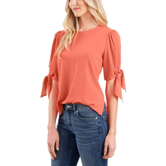 Womens Bow Detail Puff Sleeve Blouse Top Cameo Coral XS