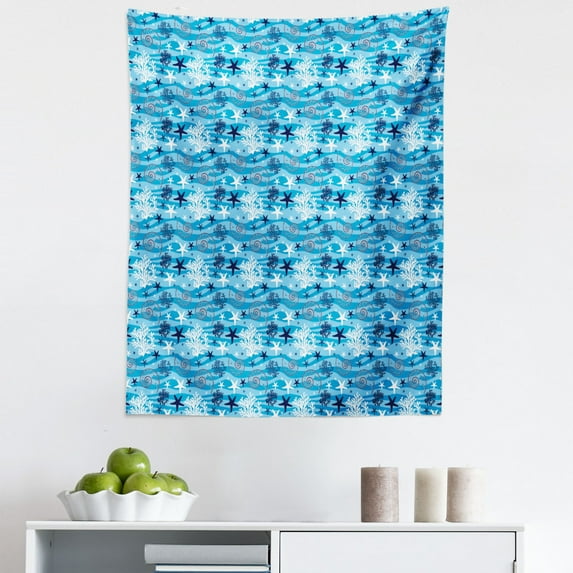 Sea Shells Tapestry, Abstract Horizontal Wavy Lines with Starfish Silhouettes and Scallops, Fabric Wall Hanging Decor for Bedroom Living Room Dorm, 5 Sizes, Blue Dark Blue White, by Ambesonne