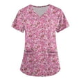 thumbnail image 3 of LHVUOA Scrub Tops for Women Casual Floral Printed Short Sleeved Diagonal Collar Shirts Comfy Working Uniforms with Pockets, 3 of 5