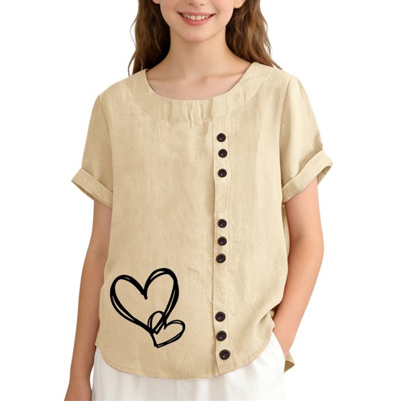 Girls Tshirts Loose Fit Buttons Breathable Heart Print Crew Neck Short Sleeve Tee for Casual Wear Girls Tops Beige 4 Years-5 Years