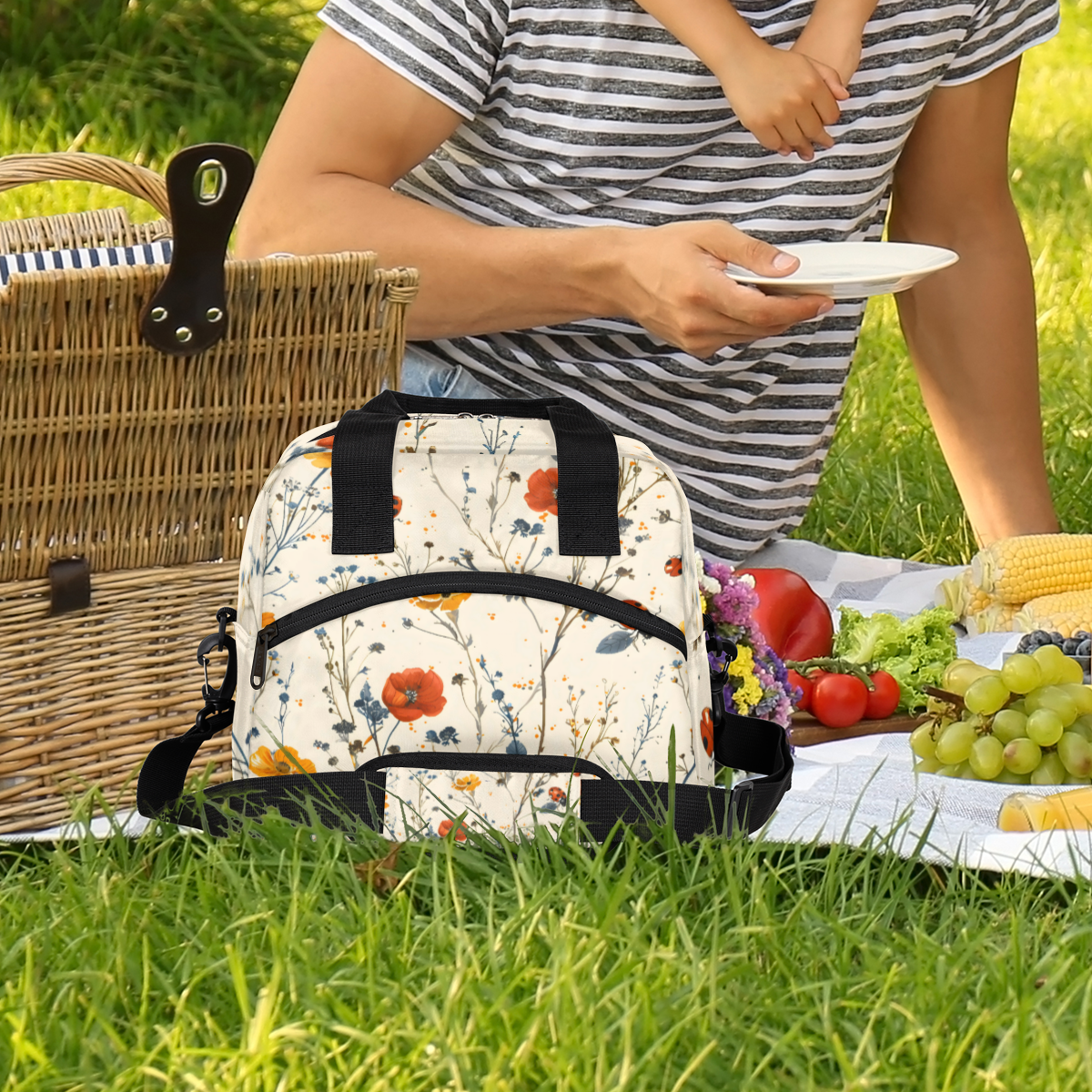 Herdesigns Floral Print Insulated Lunch Bag for Women Men Adults Large Reusable Lunch Box Leakproof Portable Cooler Tote Bags with Adjustable Shoulder Strap