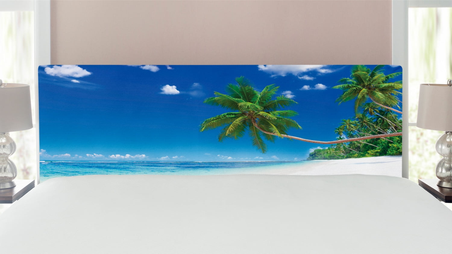Ocean Headboard, Coastline Seascape Lagoon with Palm Leaf and Clouds ...