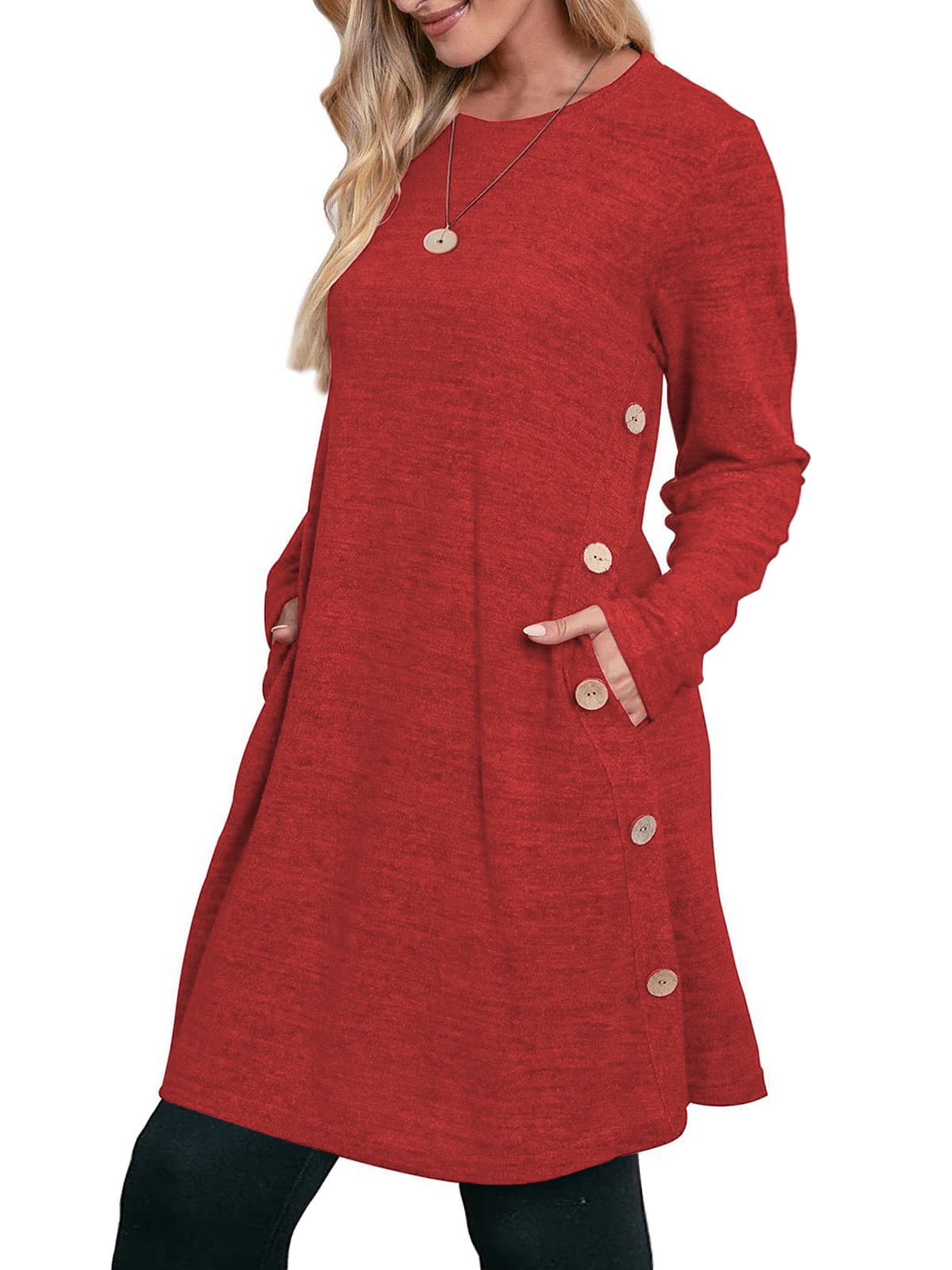 Fall Dresses for Women Long Sleeve Casual Winter Dress with Pockets Buttons Side Tunic Dress