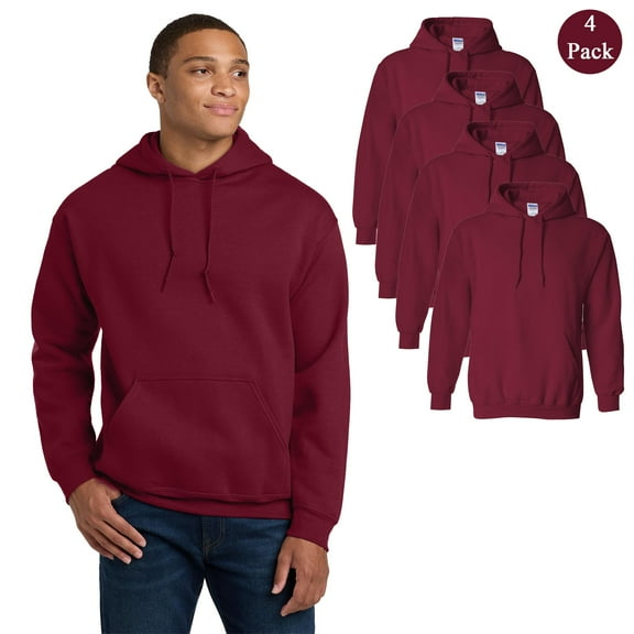 Gildan Long Sleeve Hooded Sweatshirt, Men's Heavy Blend Cardinal Red Casual Pocket Hoodie, 4 Pack, S