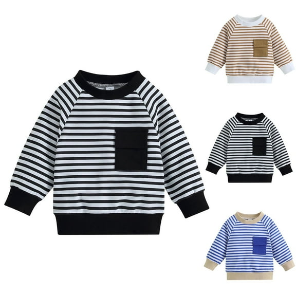 Swuxness Toddler Long Sleeve Sweatshirts, Toddler Fall Tops, Kids Striped Pocket Crew Neck Unhooded Sweatshirt for Boys and Girls Black, 18-24 Months