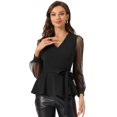 thumbnail image 1 of Top de malla de manga larga con cuello en V y dobladillo con volantes para mujer elegante con cinturón Negro S Allegra K, 1 of 5