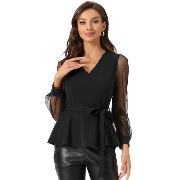 Top de malla de manga larga con cuello en V y dobladillo con volantes para mujer elegante con cinturón Negro S Allegra K