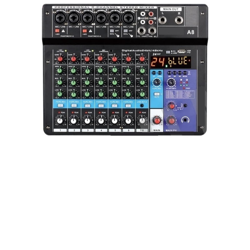 8 Channel DJ Sound Mixing Table 24 DSP Effect Mixer Bluetooth PC USB Play Recording