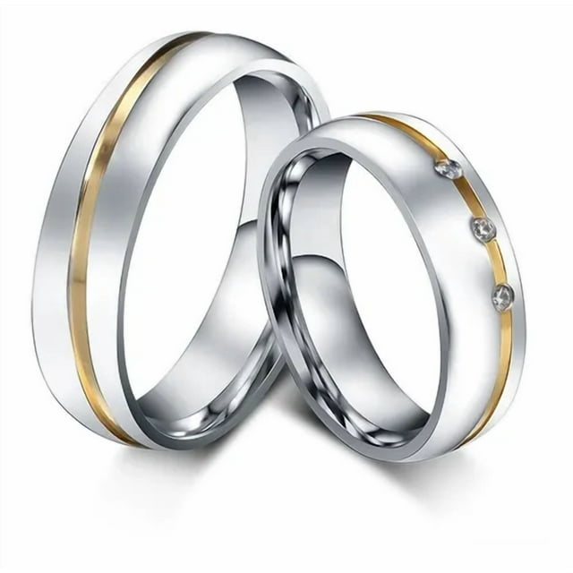 Par De Anillos De Pareja Linea Dorada Y Tres Piedras Acero INOXIDABLE