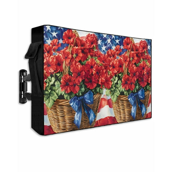 Independence Day Outdoor TV Cover 40 to 43 Inch Weatherproof, Patriotic Red Poppy Flower Blue Flag 600D Oxford TV Covers with Waterproof Zipper, Outside Flat TV Screen Protector Size 40"Wx25"Hx4.5"D