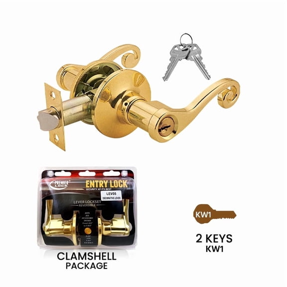 Premier Lock Brass Decorative Commercial Entry Lever 2 KW1 Keys