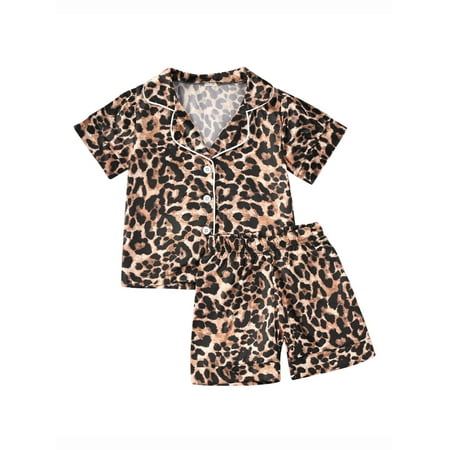 

TheFound Toddler Baby Girl Boy Leopard Pajamas Sets Button Down Lapel Shirt and Pants 2PCs Pyjamas Sleepwear Loungewear