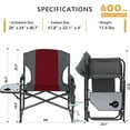 thumbnail image 2 of Oversized Directors Camping Chair Support 600 LBS, Heavy Duty Folding Outdoor Chairs with Detachable Side Pocket and Adjustable Side Table for Outside Beach,Lawn,Fishing (Red), 2 of 14