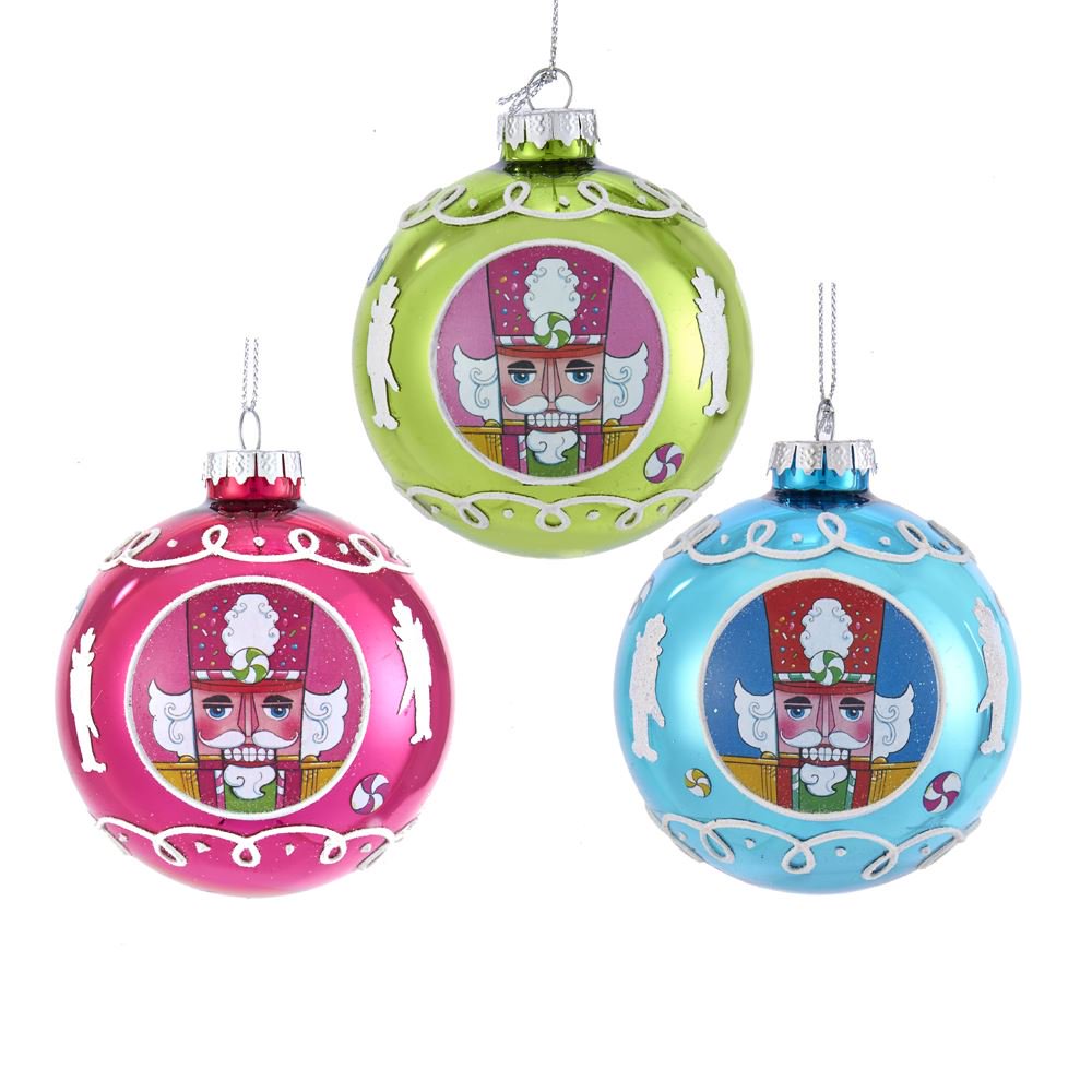 Nutcracker Ball Pink Green Blue 3 inch Glass Christmas Ornaments Box of