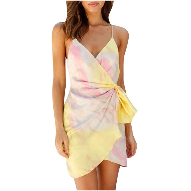 Primavera y verano Nueva impresión en color degradado Pequeño vestido de tirantes con cuello en V fresco y dulce Pompotops ghjkhdj18907