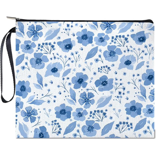 Bolsas de maquillaje con diseño de flores azules para mujer, neceser de viaje con diseño de acuarela y cremallera, estuche multiusos para lápices, neceser, mordaza