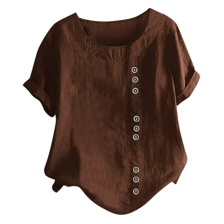 Quistrepon Blouses for Women Fashion 2022,Casual Short Sleeve Crew Neck Button Loose Fitting Boho Tops Shirts Summer Solid Color Cotton Linen T-shirt Blouse Tunic Plus Size(A Brown,5X-Large)