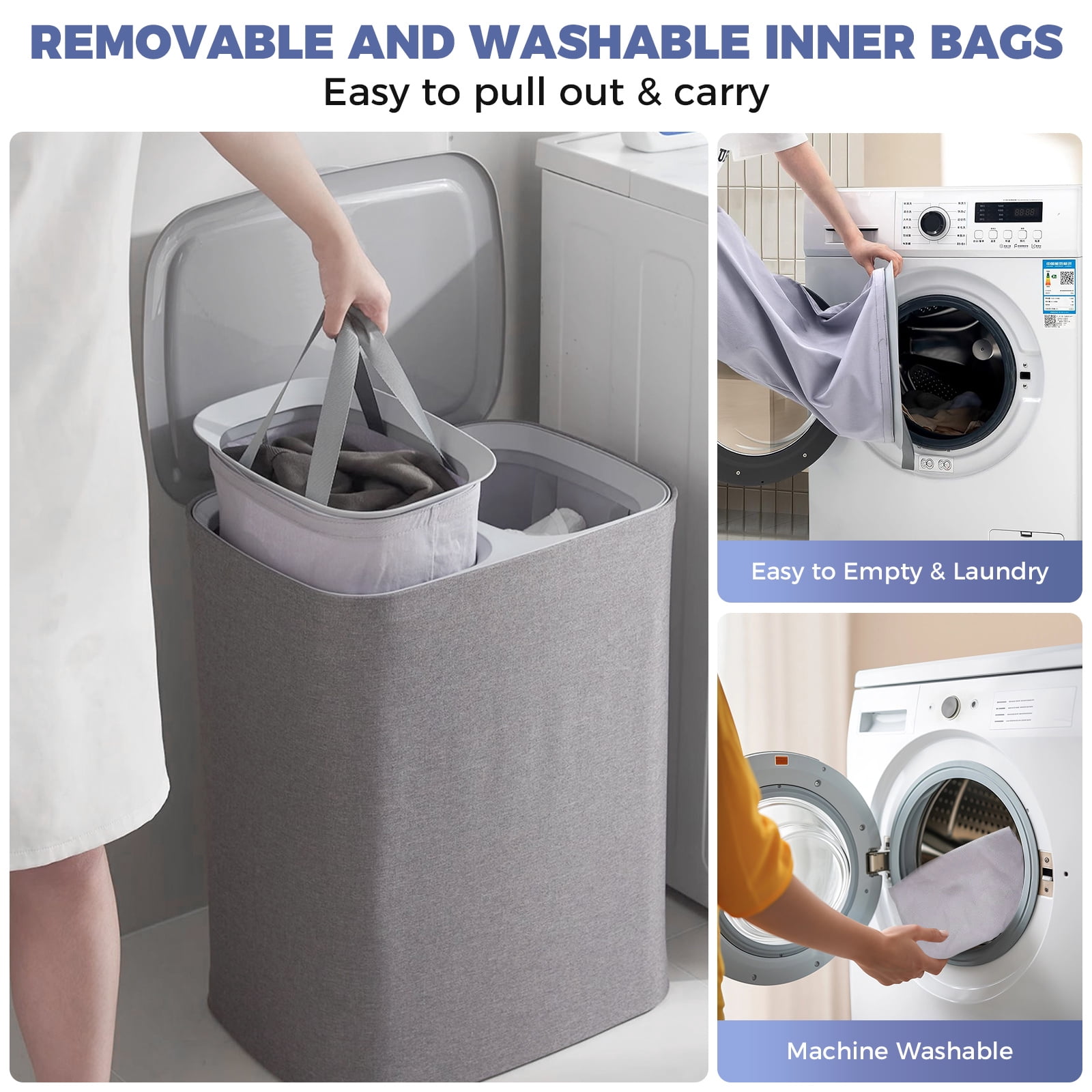 2-Section Laundry Hamper with Lid & Removable Bags, Foldable Clothes Sorter Organizer for Bedroom/Bathroom, 600D Oxford Fabric Storage Bin Portable Clothes Organizer for Home, Dorm, Apartment