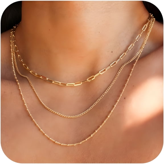 DESIGNICE Waterproof Gold Necklace Layered Necklaces for Women Non Tarnish,18K Gold Plated Stainless Steel Dainty Stack Thin Chain Necklace Set for Women Gifts Jewelry