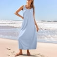 thumbnail image 2 of Women's Long Boho Sundress Round Neck Sleeveless Floral Print Maxi Dress Loose Fit Beach Cover-Up with Side Pockets for Resort Vacations,Light Blue M, 2 of 5