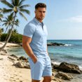 thumbnail image 2 of GrmtClth Mens Summer Collared Outfit Set Plain Short Sleeve Polo Shirt and Loose Shorts Casual Streetwear with Adjustable Waist Sky Blue M, 2 of 6
