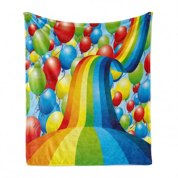 Birthday Soft Flannel Fleece Throw Blanket, Many Vibrant Balloons Wavy Rainbow Ribbons Celebration Mood Special Event, Cozy Plush for Indoor and Outdoor Use, 60" x 80", Multicolor, by Ambesonne