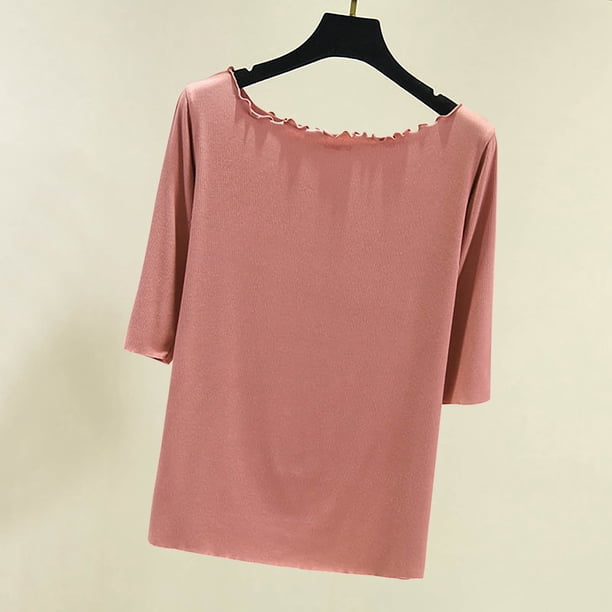 Fiudx Camisas para Mujer Camiseta Holgada con Cuello de Una Línea de Color Sólido para Mujer y para Mujer Top de Manga Media de Primavera y Verano Top/Shir de Hombro de Una Línea de Manga Corta