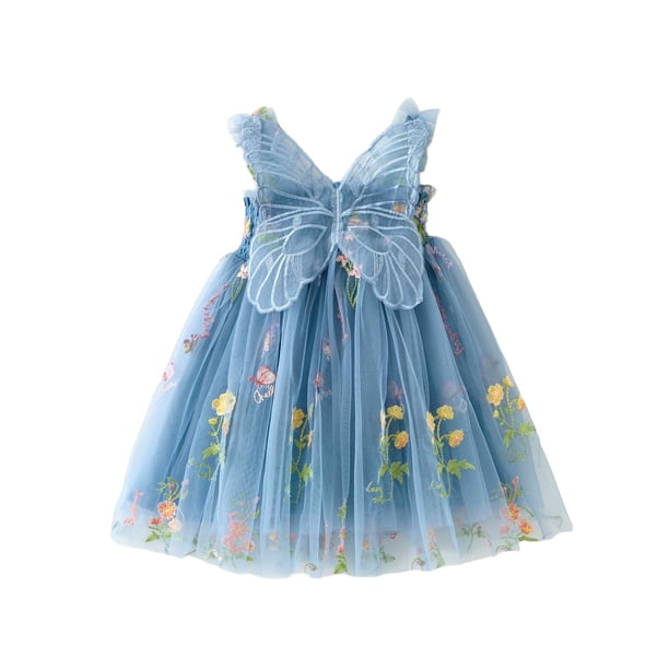 Odeerbi Niñas Verano Floral Bordado Tul Tutu Vestido Mariposa Alas Flower Girl Vestido Tank Vestido Sin Mangas Tirante Malla Vestido de Sol