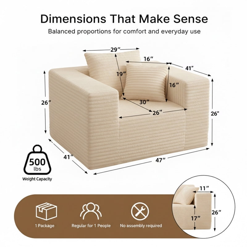 1Pcs Boneless Upholstered Sofa Chair, No Assembly Single Couch, Memory Foam Reading Armchair with Throw Pillow