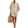 thumbnail image 3 of Linen Sets for Women 2 Piece Batwing Sleeve V Neck Button Shirts and Shorts Set Summer Casual Outfit, 3 of 5