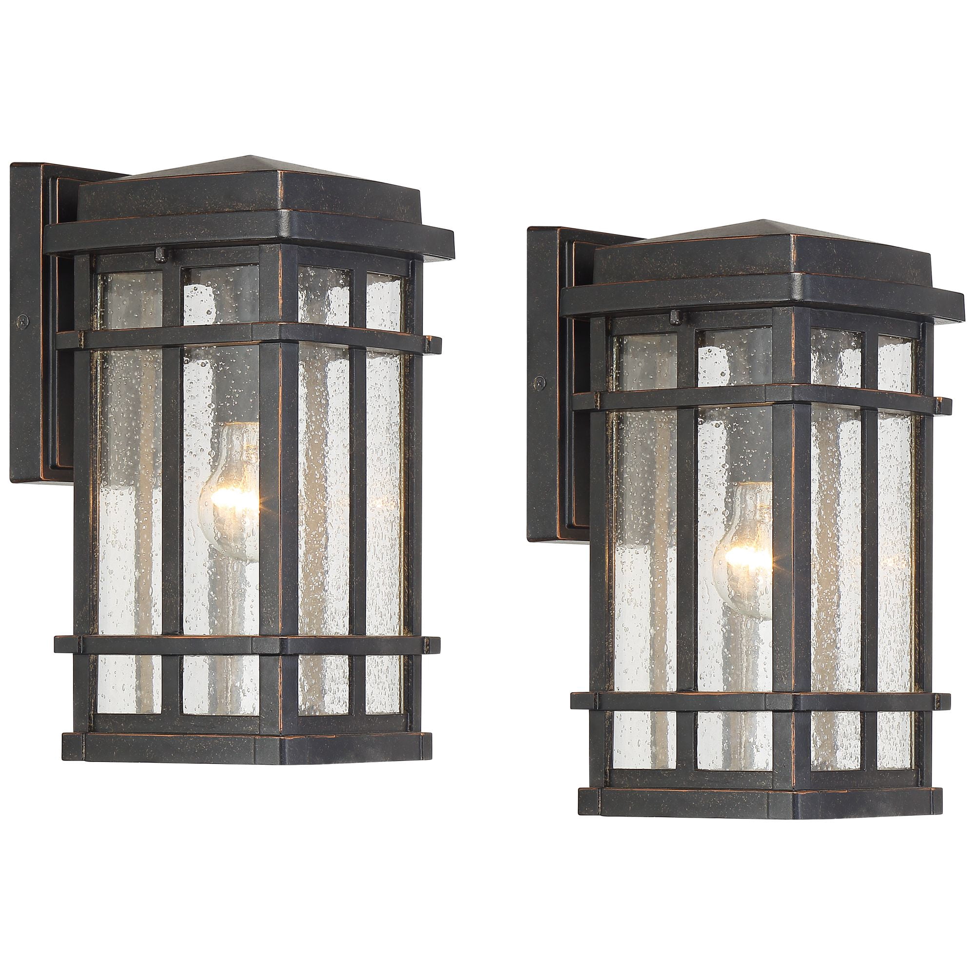John Timberland Neri Mission Industrial Outdoor Wall Light Fixtures Set of 2 Oil Rubbed Bronze 12 1/2" Clear Seedy Glass for Exterior