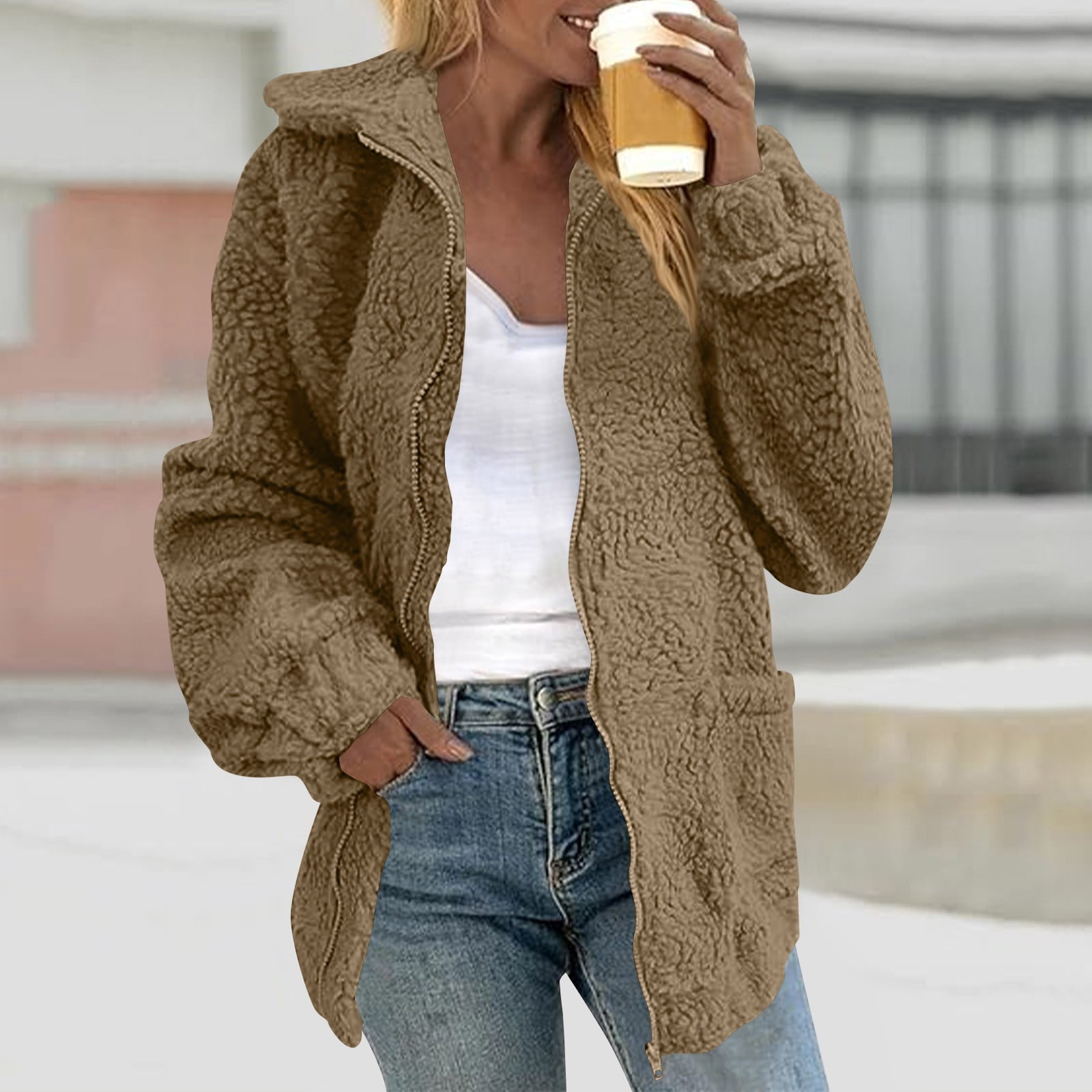 Qholemyo Veste en Sherpa pour Femmes Hiver Manches Longues Chaude