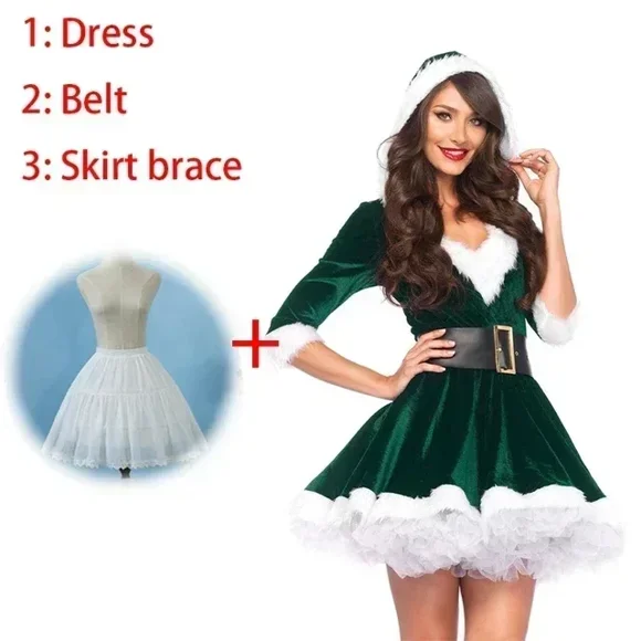 QueenLine Fancy Slim Fit Hooded Sexy Velvet Christmas Suit Costumes Santa Claus Cosplay Dress (2, L)