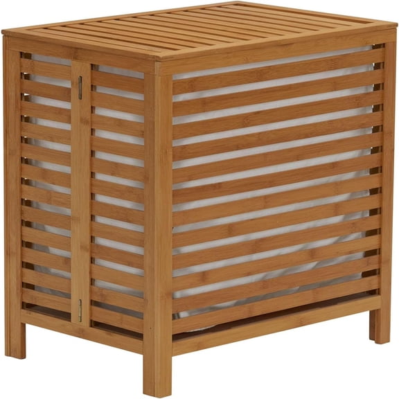 Natural Bamboo Laundry Hamper with Hinged Lid and Cotton Liner Large