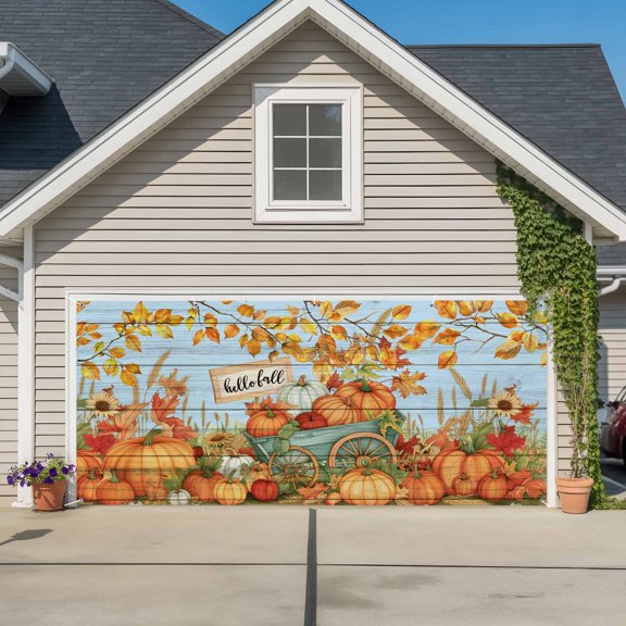 Garage Door Banner Fall Pumpkin Harvest on Wood Grain Garage Door Banner Cover for Outdoor Indoor, Thanksgiving Botanical Leaves Large Backdrop Banners 6.9x16ft
