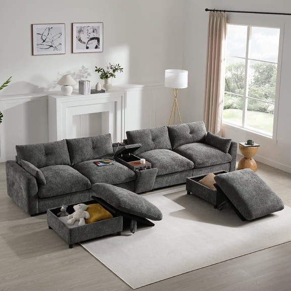 Modular Sectional Sofa with Console and USB Charging Station, Pull-line&Tufted Design U-Shaped Oversized Chenille Sofa with Movable Storage Ottomanand Cup Holder for Living Room, Apartment, Grey
