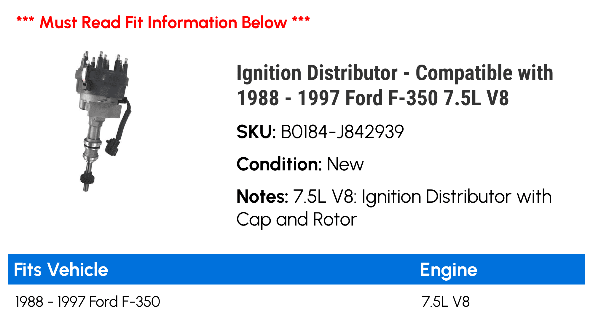 Ignition Distributor - Compatible with 1988 - 1997 Ford F-350 7.5L V8 1989 1990 1991 1992 1993 1994 1995 1996