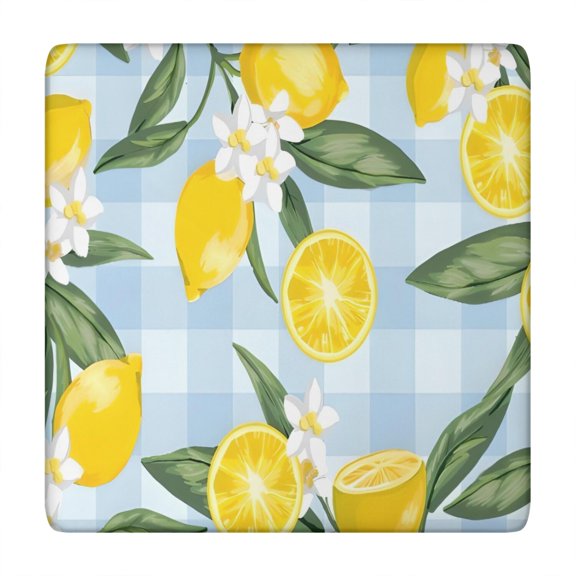 Yellow Lemon Fruit Flowers BlueWhite Pattern Square Fitted Tablecloth with Elastic Edge,Square Table Cover,Washable Elastic Table Cover for Home Kitchen Party Decor 34"x34"