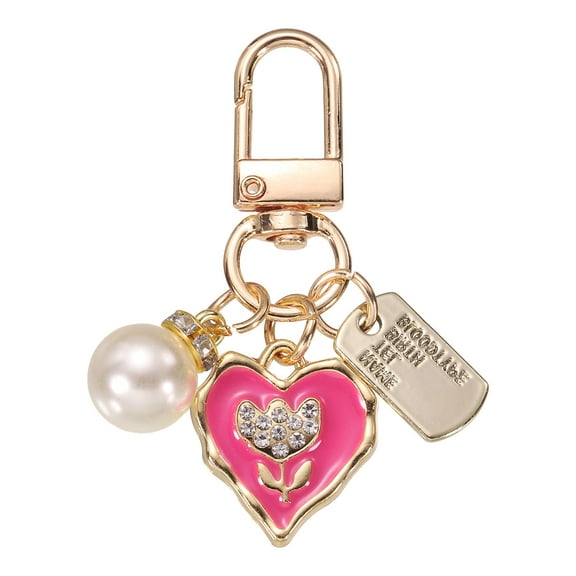 Heart Keychain Charm for Women, Metal Cute Heart Tulips & Pearl Purse Bag Charm for Car Keyring (Rose Red/White/Gold)