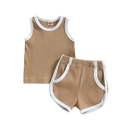 

Toddler Baby 2PCS Summer Clothes Sleeveless Contrast Color Ribbed Tank Tops + Shorts Set