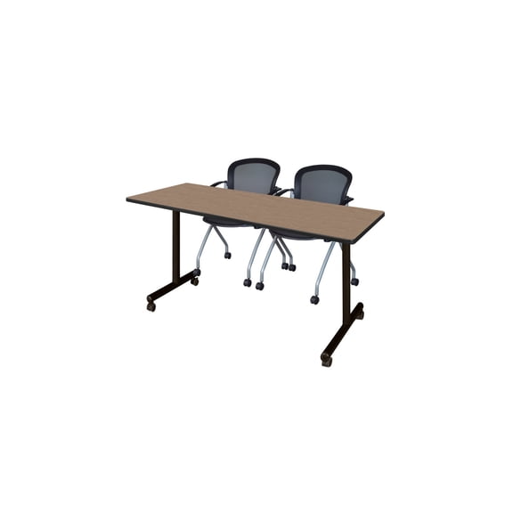 Regency Kobe 60 x 24 in. Mobile T-Base Training Table- Noble Oak, 2 Cadence Nesting Chairs