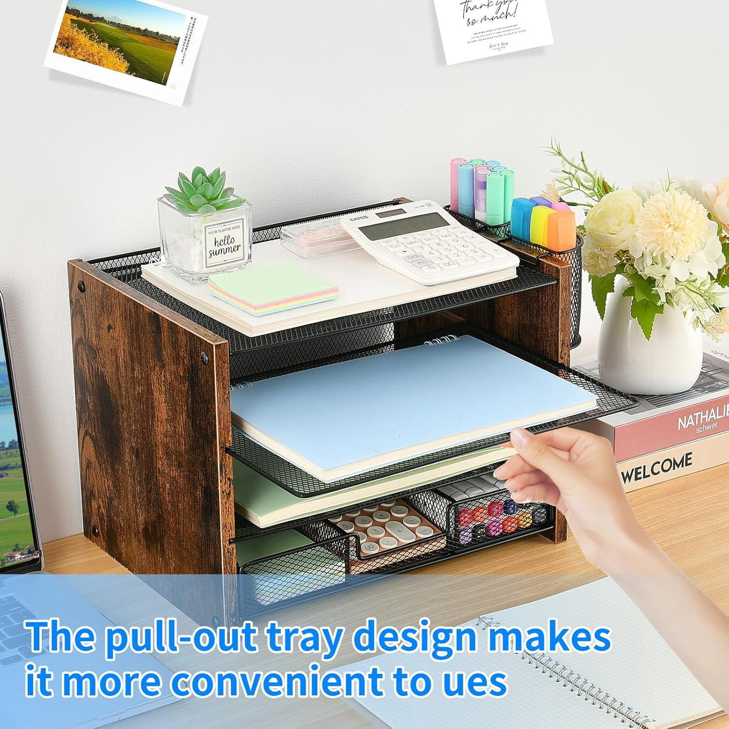 Desk Organizer and Accessories, 4-Tier Paper Letter Tray File Organizer with Drawer & 2 Pen Holder, Office Desk Accessories Workspace Desktop Organizer for Office Supplies(Brown)