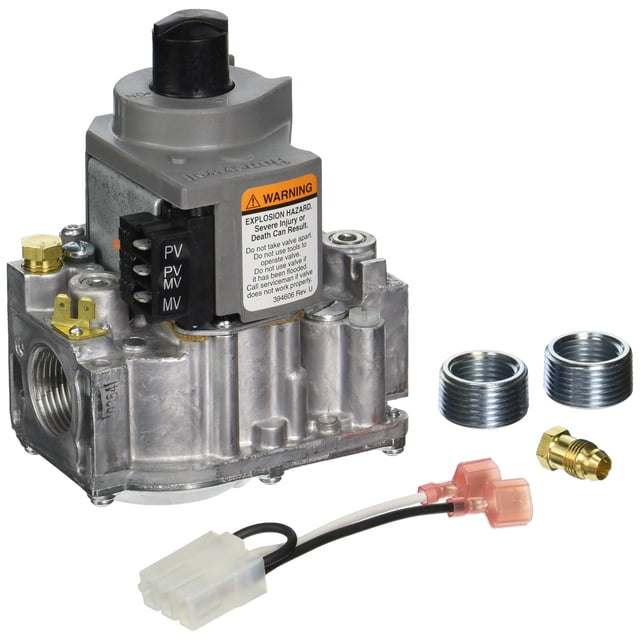 válvula de control de gas de encendido electrónico universal mielwell, cuerpo metálico plateado con actuador negro y tapa gris, conexiones roscadas y dos adaptadores cilíndricos incluidos, conector eléctrico de 4 pines con cable y terminales rápidos; accesorio interior automotriz, a menudo usado como repuesto en reparaciones de sistemas de gas.