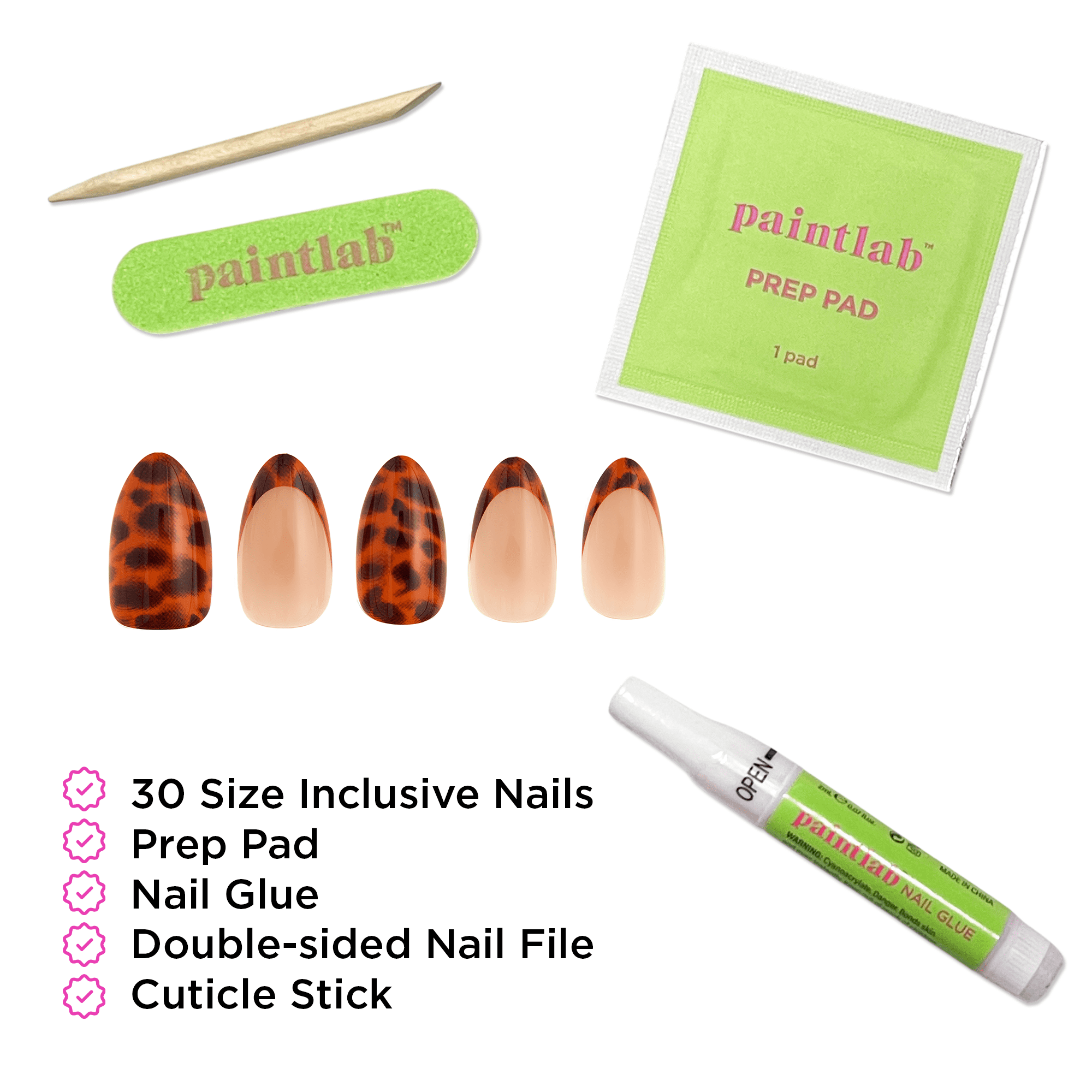 PaintLab Medium Oval Press On Nails, Tortoise Shell Tips, 30 Count